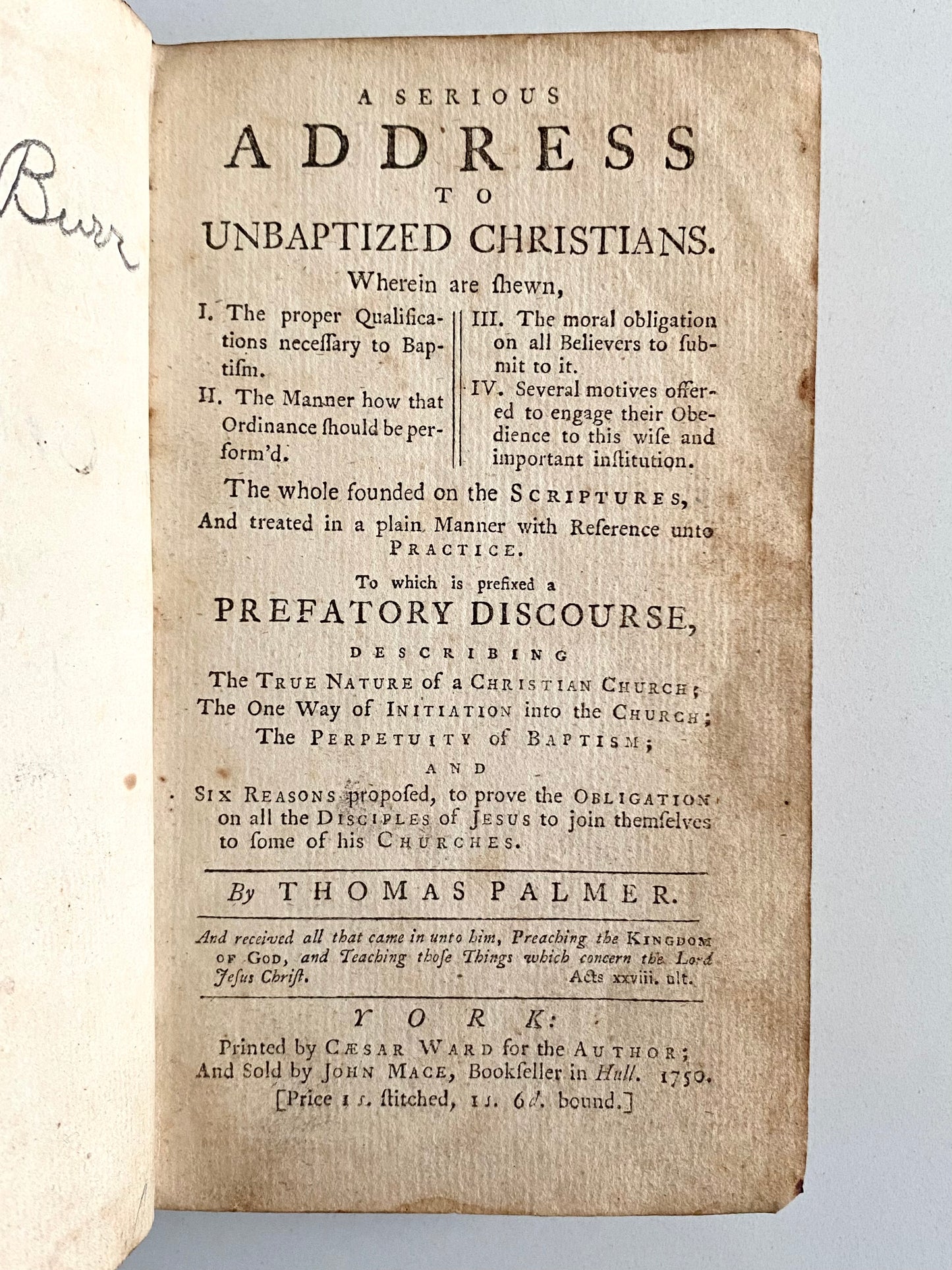 1750 THOMAS PALMER. Radical Baptist Preacher of the Great Awakening. Very Scarce.