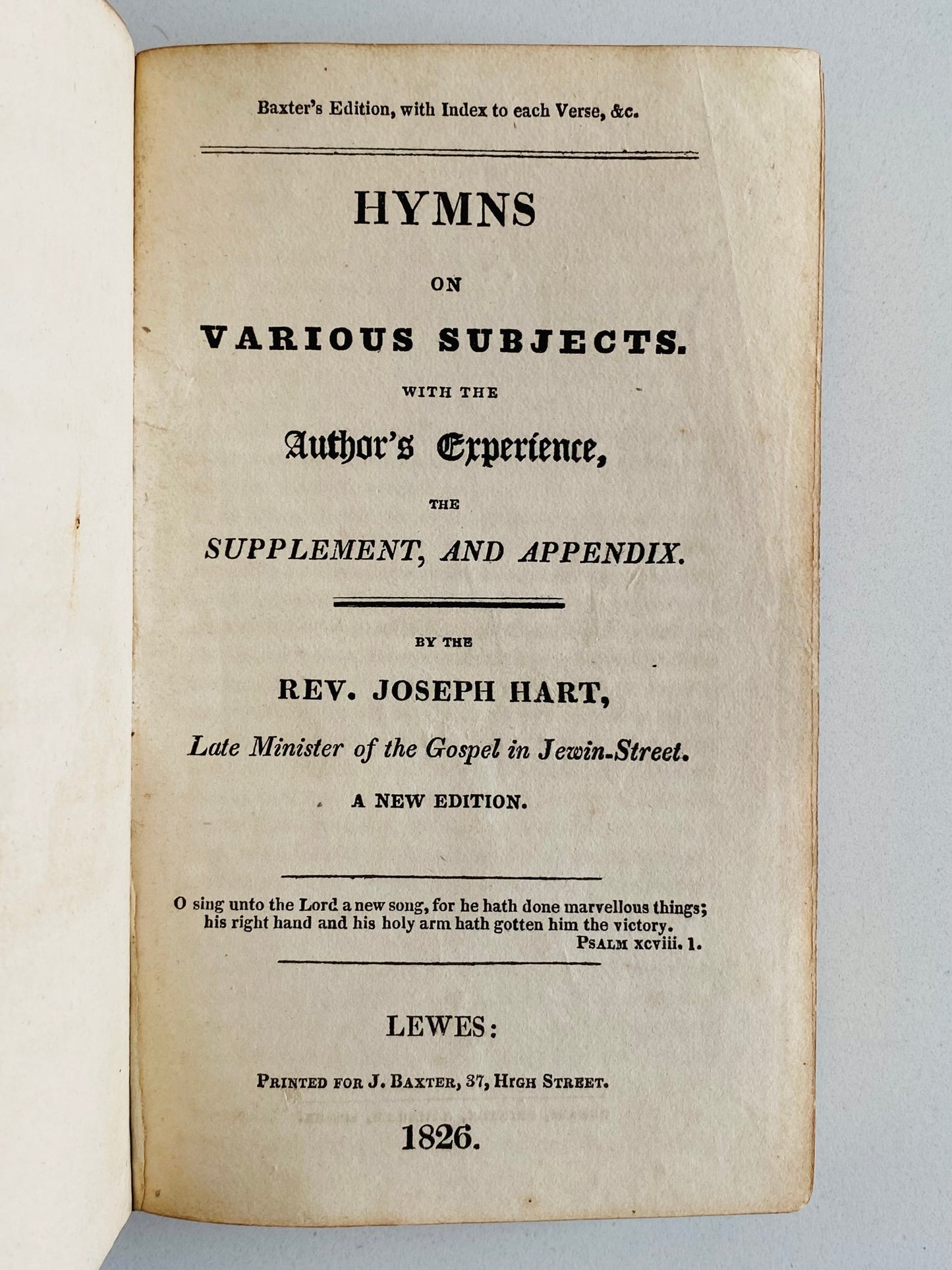 1826 JOSEPH HART. Hymns on Various Subjects. Calvinist, Moravian Biography & Hymns.