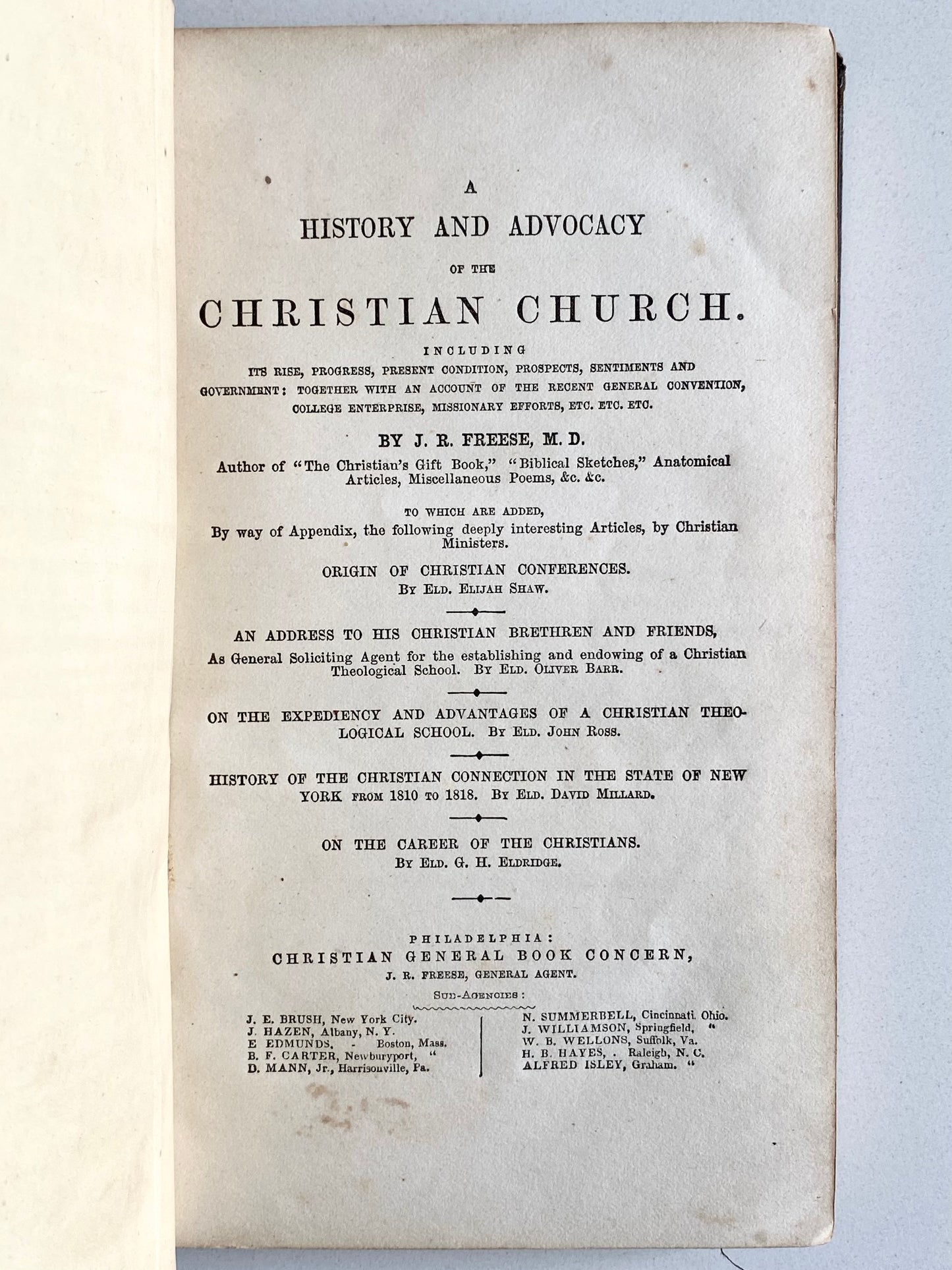 1852 CHRISTIAN CHURCH. Rare History and Revival of the "Christian Church," or Christian Baptists, &c.