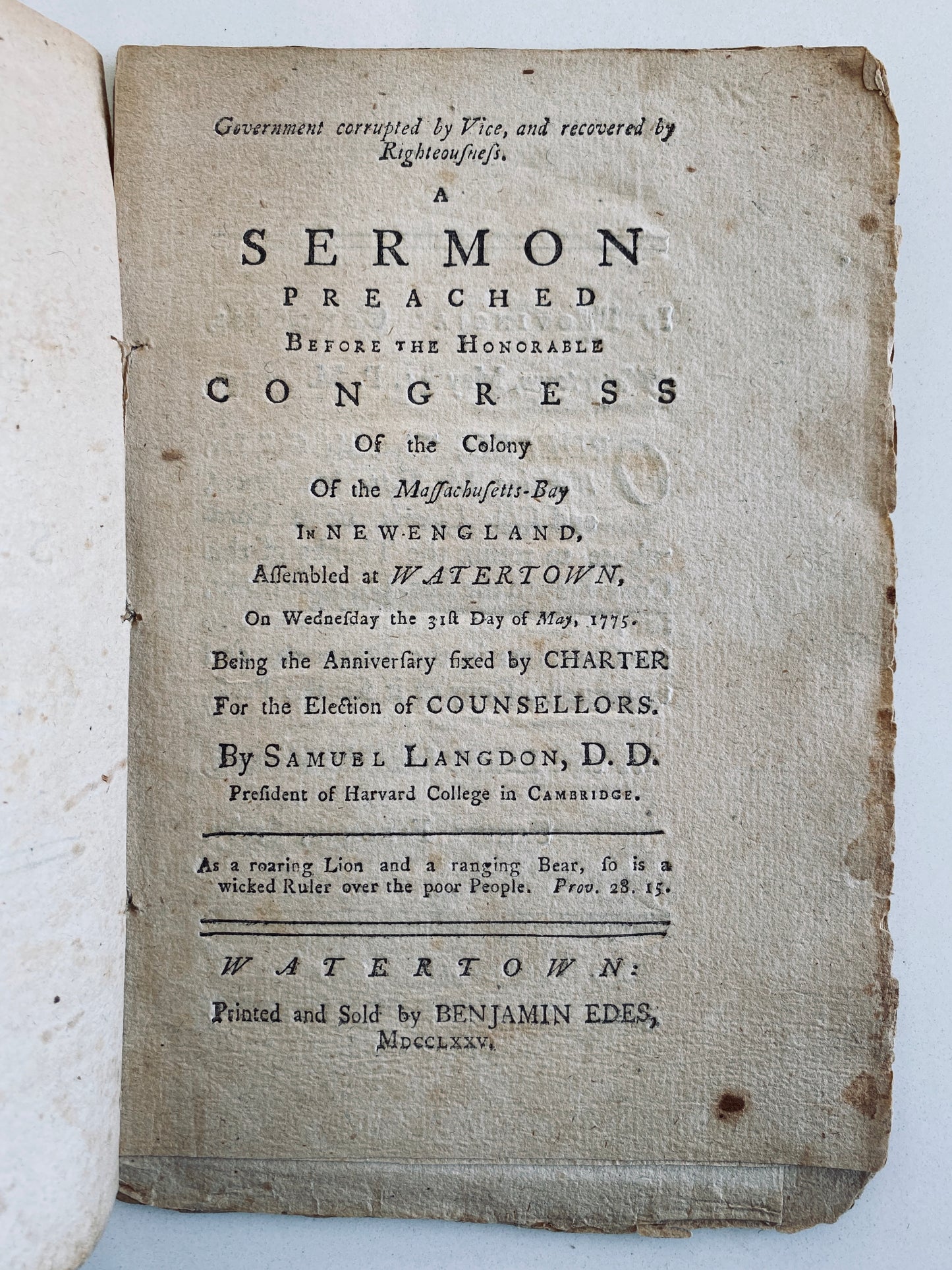 1775 SAMUEL LANGDON. Important American Revolution Sermon; Owned Baptist Chaplain to George Washington!