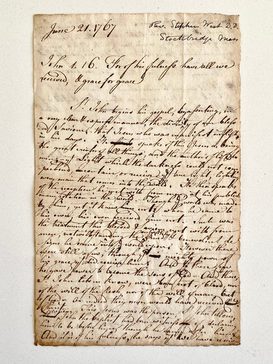 1767 STEPHEN WEST. MSs Sermon by Jonathan Edwards Successor as Missionary to the Stockbridge Indians.