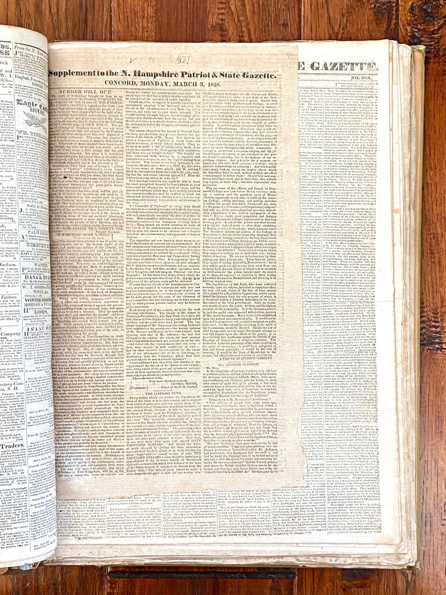 1827-28 NEW HAMPSHIRE PATRIOT. Elephant Folio on Militias, States Rights & Liberty, Slavery, Second Amendment, etc.