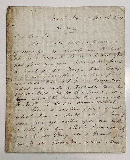 1811 WILLIAM WILBERFORCE. Letter from John Venn to Wilberforce re: Robert Storry.