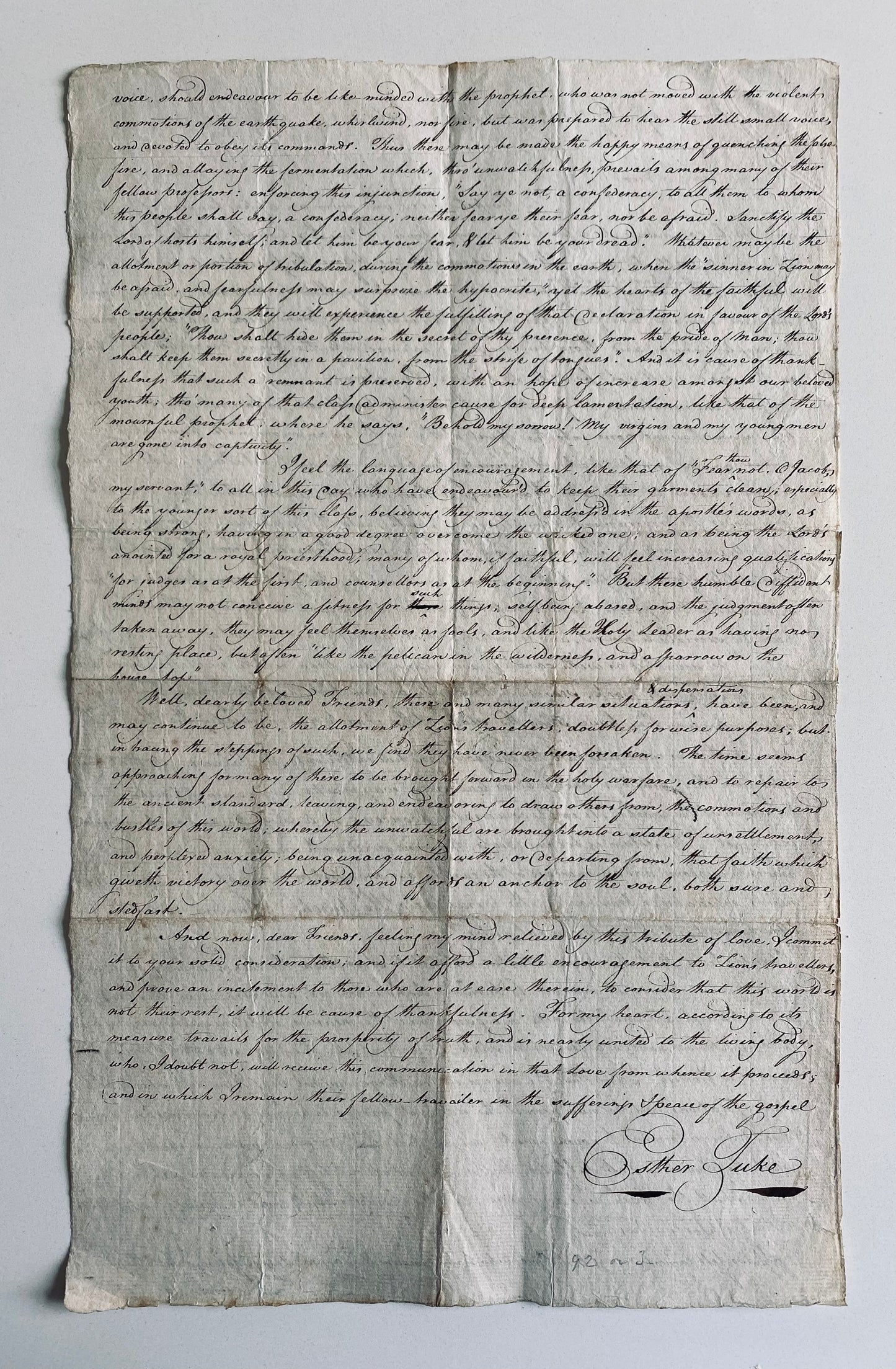 1776 ELIZABETH TUKE. Rare Female Quaker Manuscript Sermon Urging Against American Revolution.