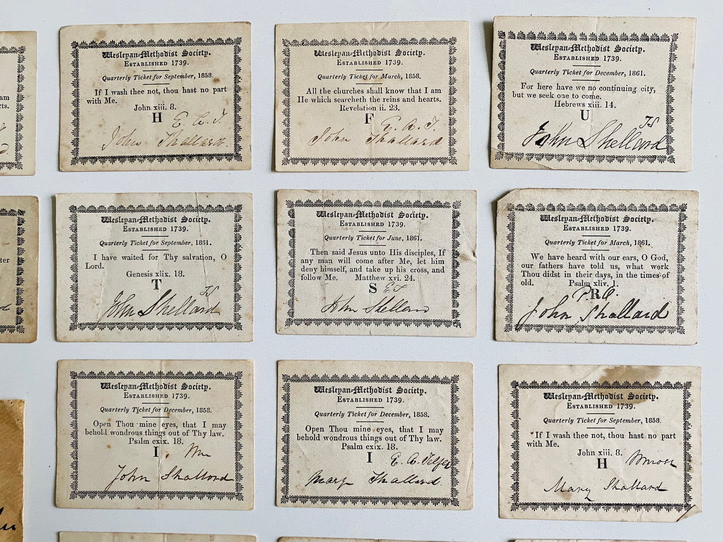 1850's 17 WESLEYAN METHODIST QUARTERLY TICKETS. Friend of Methodist Hymnist, Victory Purdy.