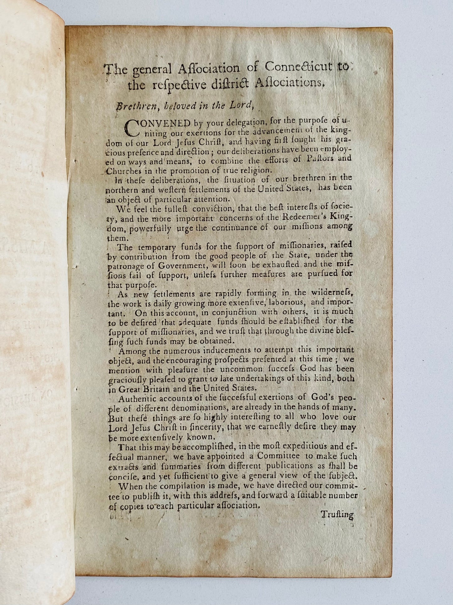 1797 CONNECTICUT MISSIONARY SOCIETY. First Address & Report of Important Great Awakening Sending Agence.