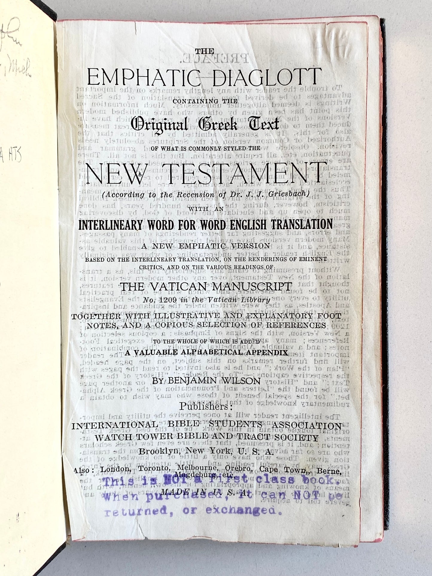 1864 / 1902 WATCH TOWER BIBLE. Emphatic Diaglott by Benjamin Wilson.