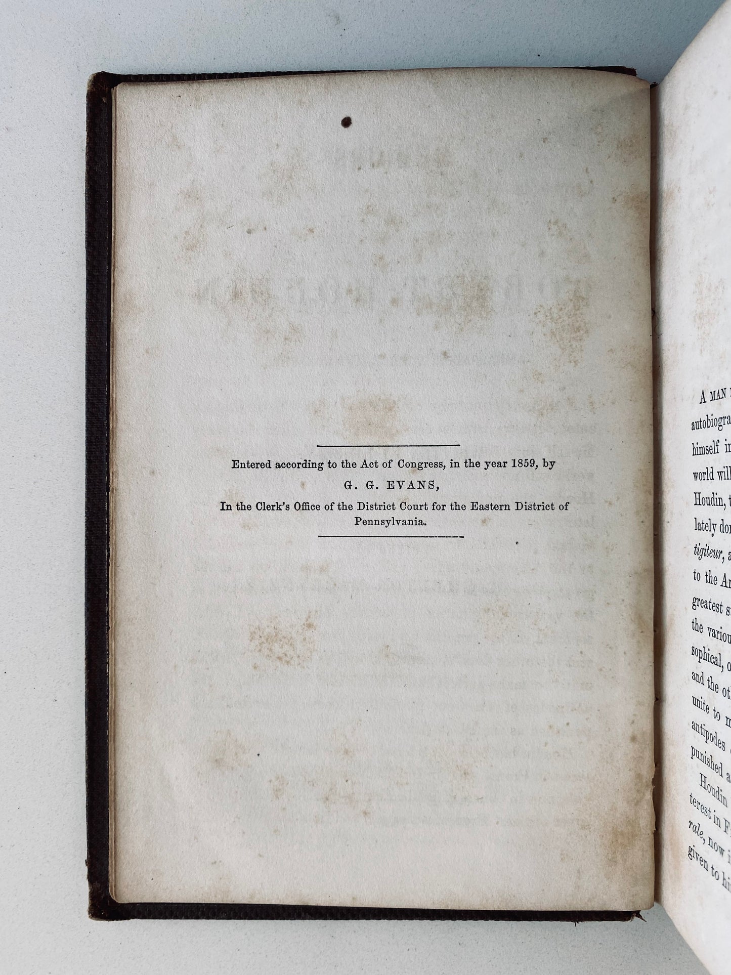 1859 HARRY HOUDINI. Rare Memoirs of Houdini's Namesake, French Conjurer, Robert-Houdin.