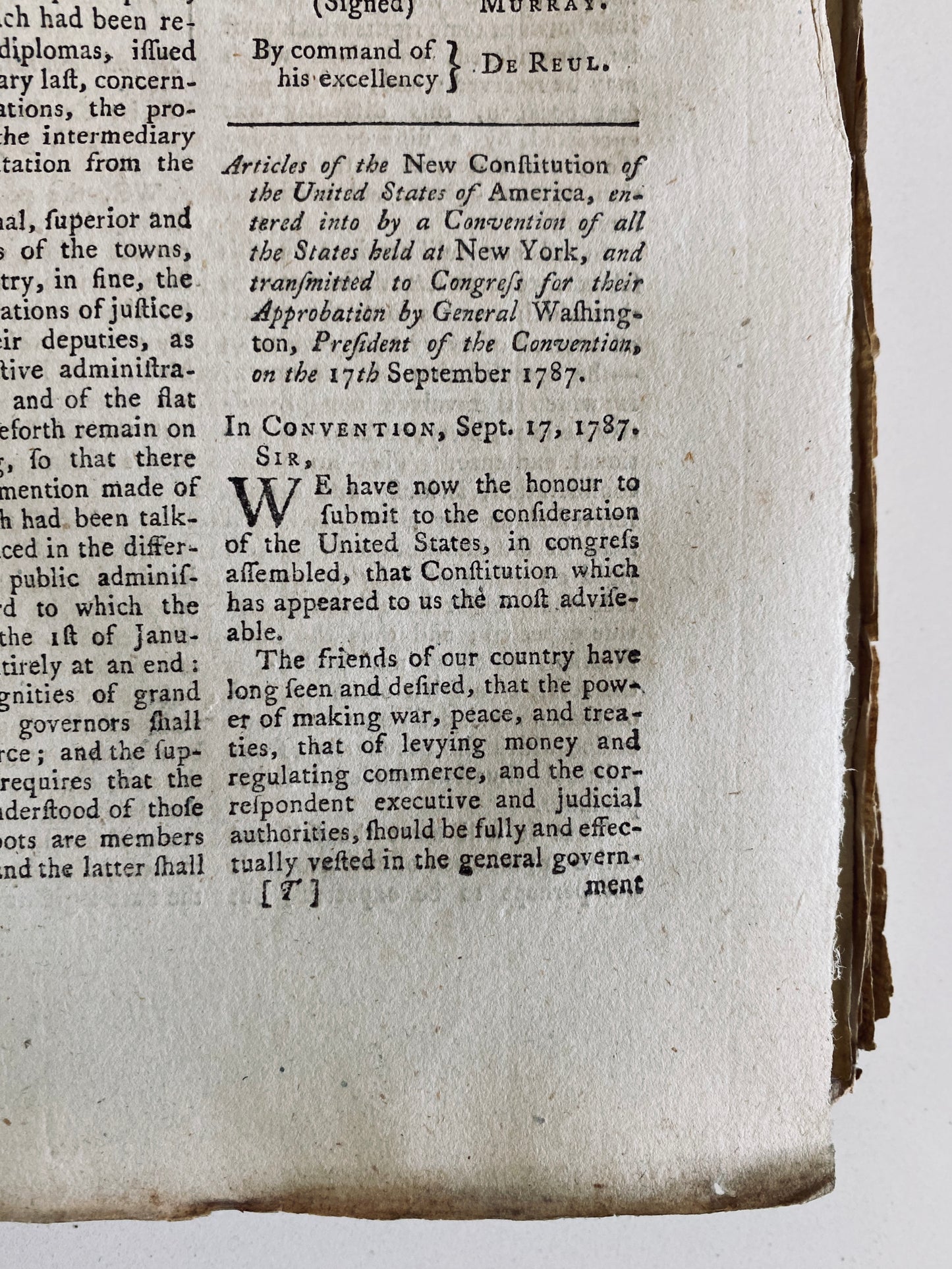 1787 CONSTITUTION OF UNITED STATES. First English Printing of Important Americana