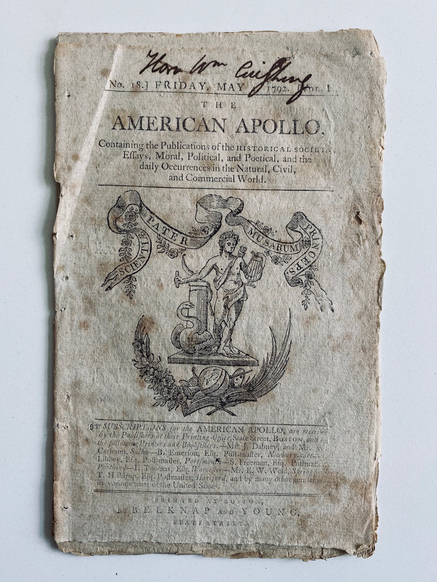 1792 WILLIAM CUSHING. American Apollo Magazine belonging to First Supreme Court Justice!