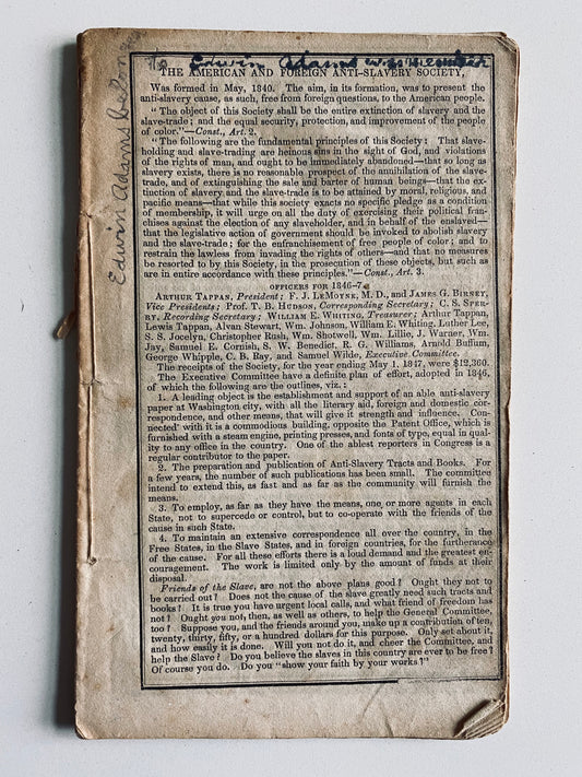 1847 ANTI-SLAVERY SOCIETY. The Liberty Almanac for Anti-Slavery - Catechism for Slave-Holders.