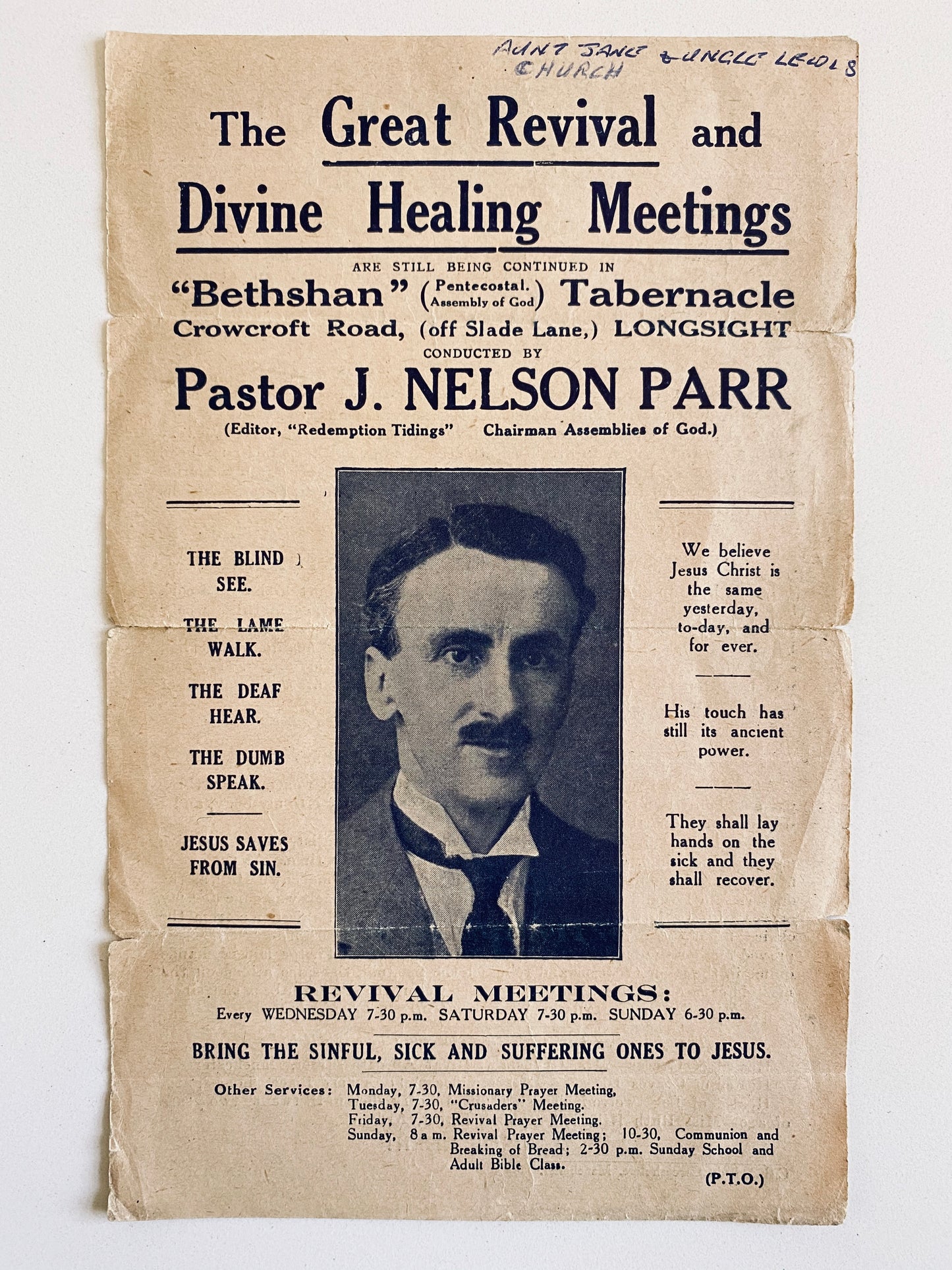 1920 J NELSON PARR. Rare Pentecostal Broadside. Great Revival & Divine Healing Meetings