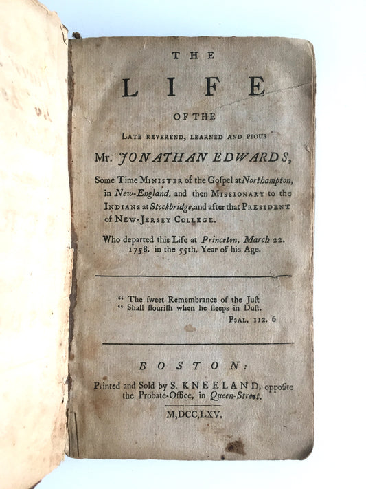 1765 JONATHAN EDWARDS. Life of Jonathan and Sarah Edwards together with Sermons on Various Important Subjects