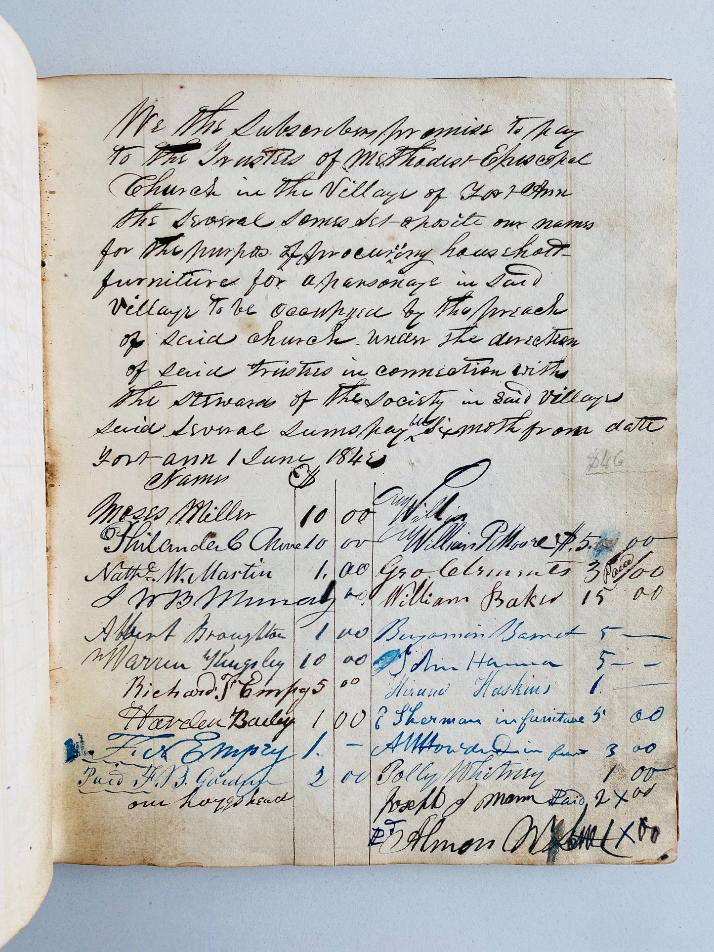 1813 METHODIST MANUSCRIPT. The History, Minutes, Slip Rents, &c of the Methodist Episcopal Church at Fort Ann, New York