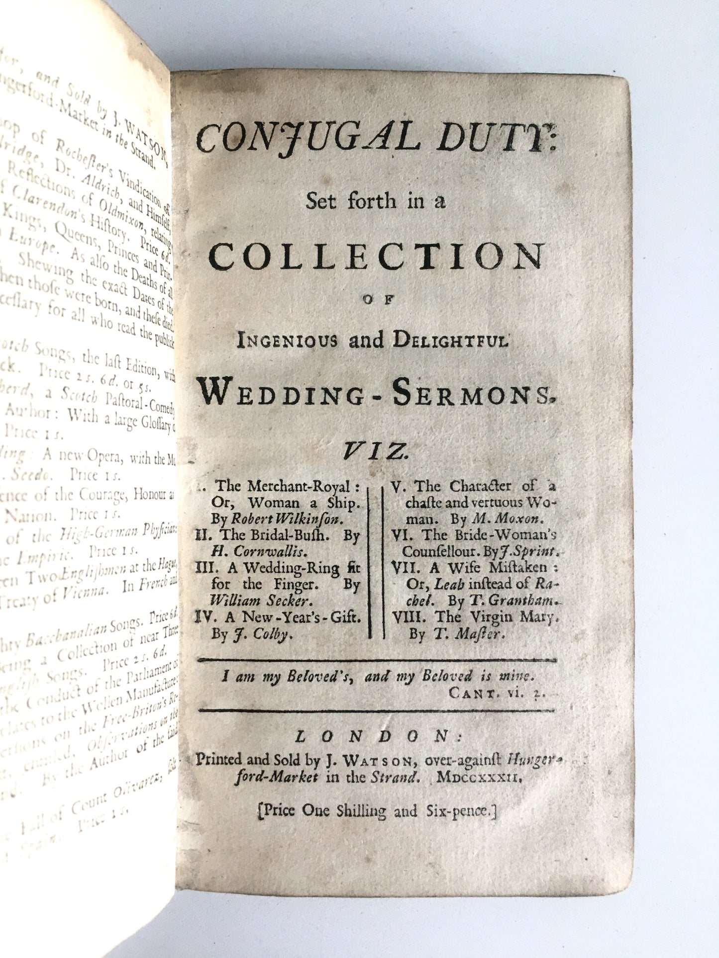 1732 CONJUGAL DUTY. A Collection of Ingenious and Delightful Wedding Sermons.