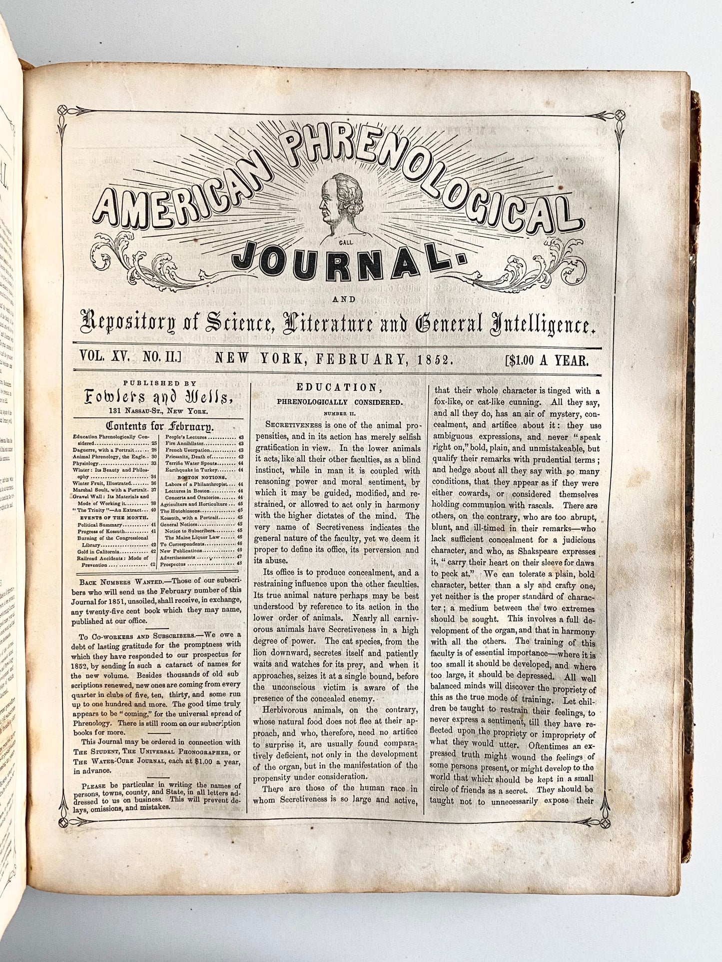 1851-1853 PHRENOLOGICAL JOURNAL. Clairvoyance, Somnambulism, Feminism, Mormonism, etc. Superbly Illustrated.