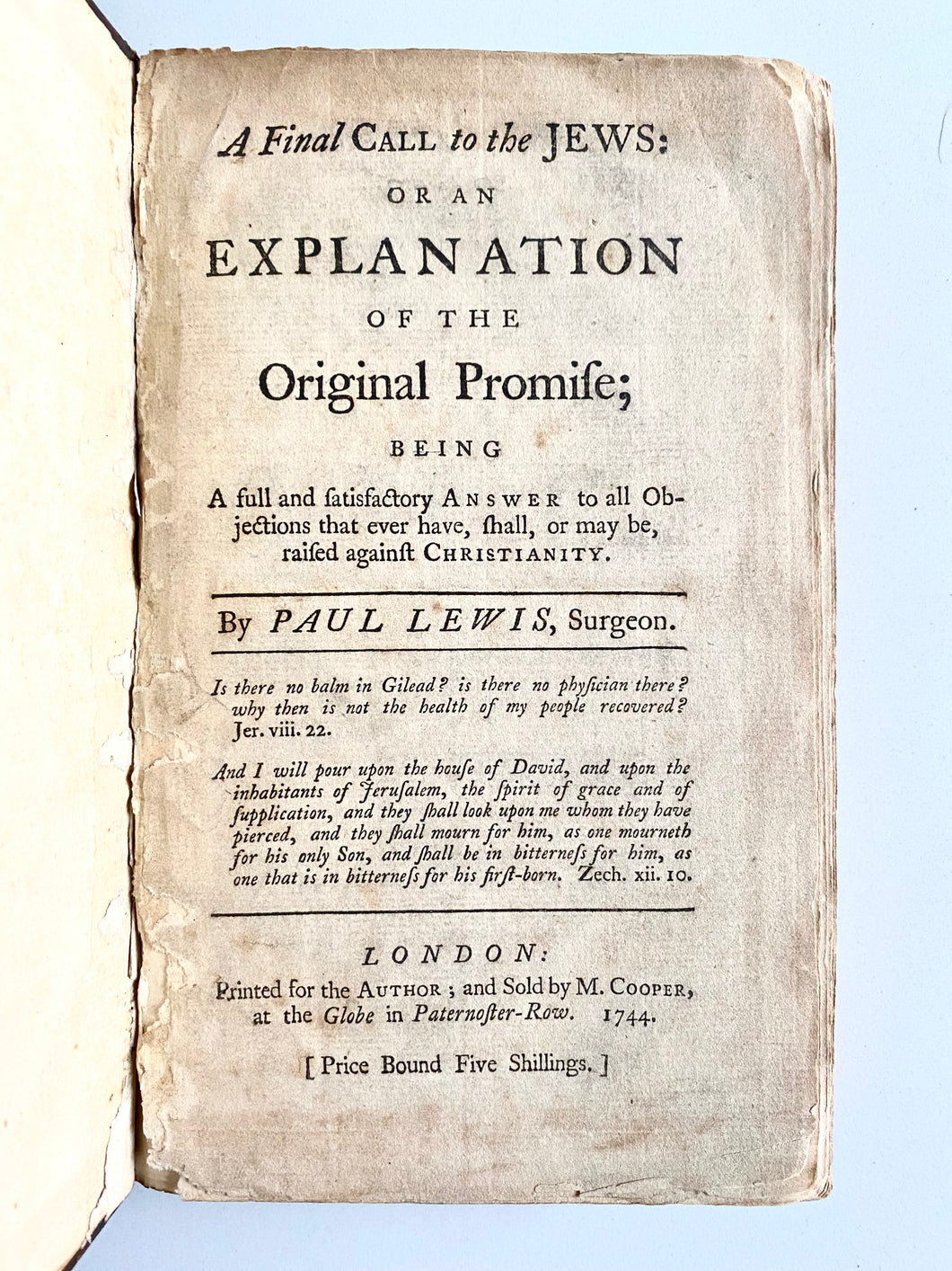 1744 PAUL LEWIS. A Final Call to the Jews. Very Rare Early Text of Jewish Evangelism - Jesus as Messiah.