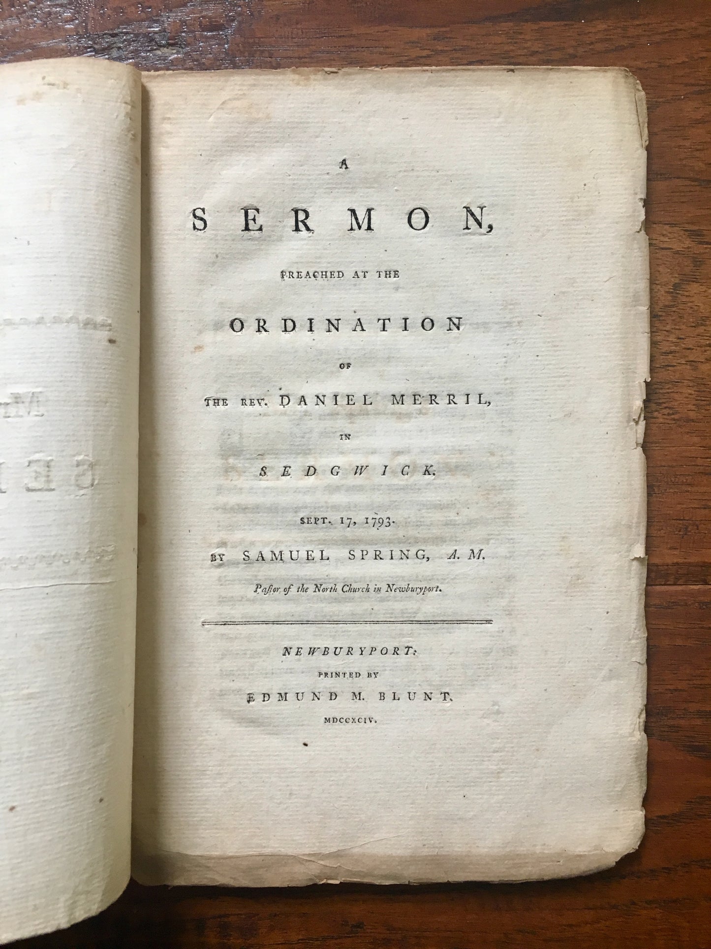 1794. DANIEL MERRILL. Autographed Ordination Sermon of Early Baptist & Revolutionary War Soldier