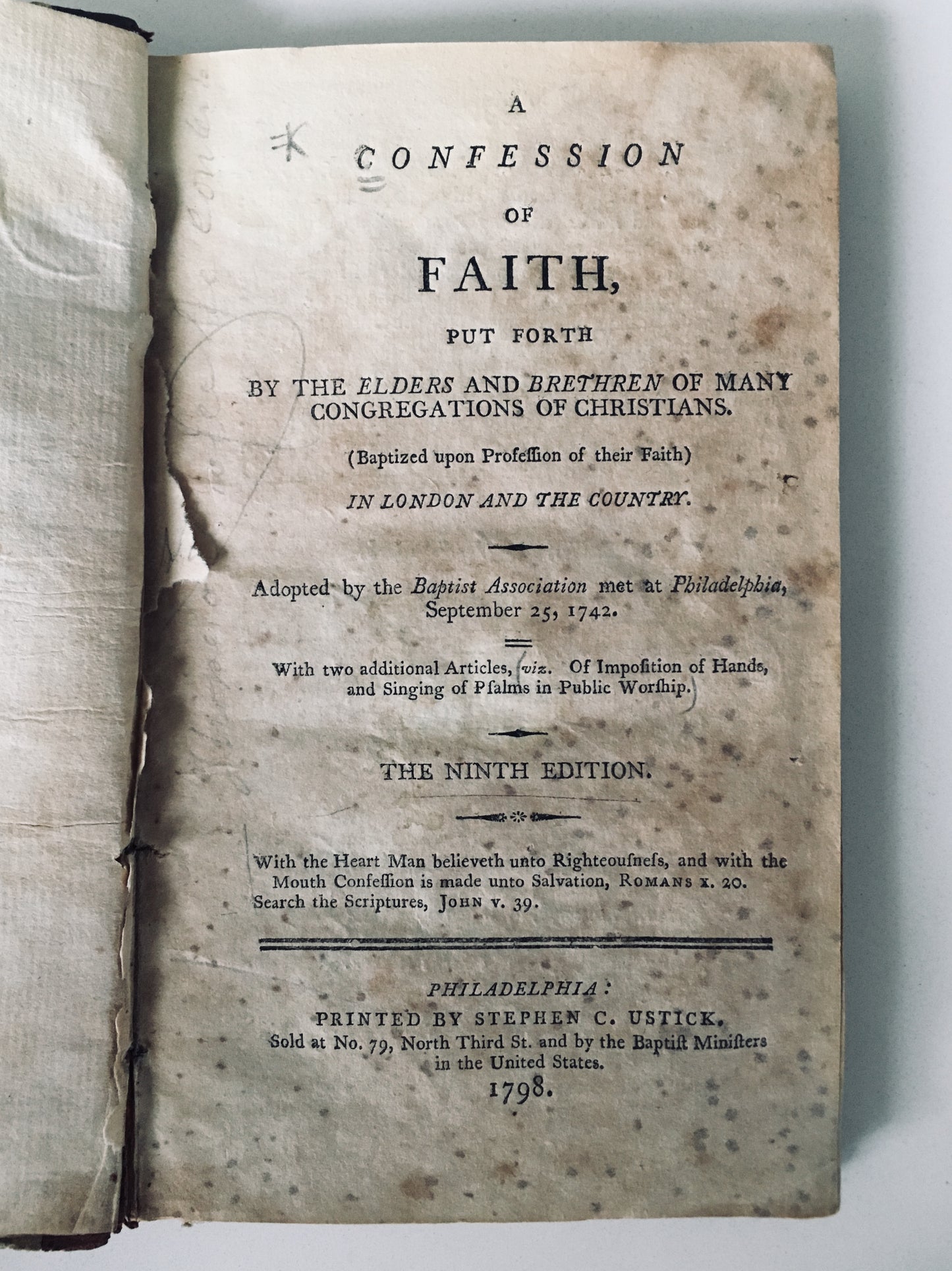 1798 RARE BAPTIST. First Edition Philadelphia American Baptist Church Discipline!