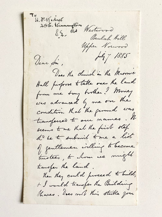 1885 C. H. SPURGEON. Spurgeon Writes to a New Church Taking Over Property. Fine Example!