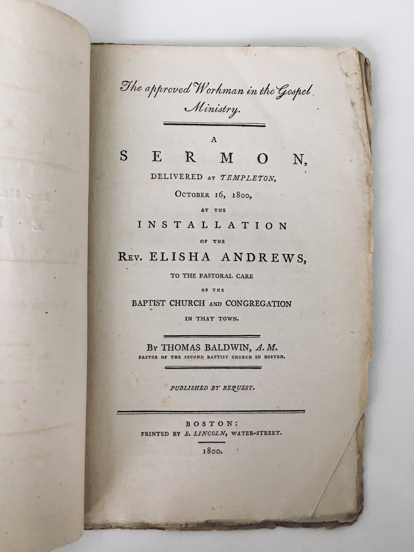 1800 THOMAS BALDWIN. American Baptist Sermon on Ordination of Elisha Andrews