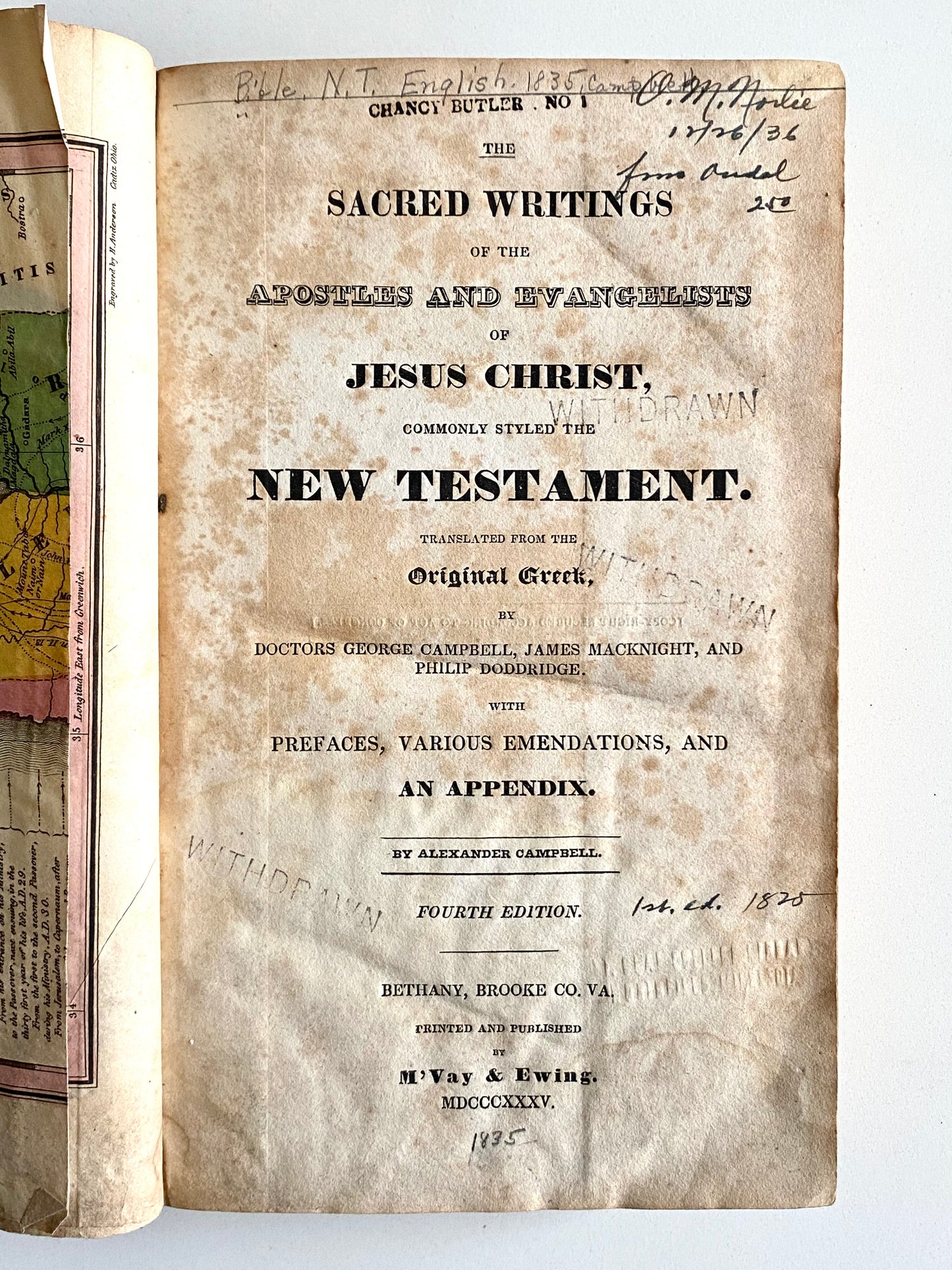 1835 ALEXANDER CAMPBELL. Rare Christian Baptist Translation of the New Testament. Founder Butler University.