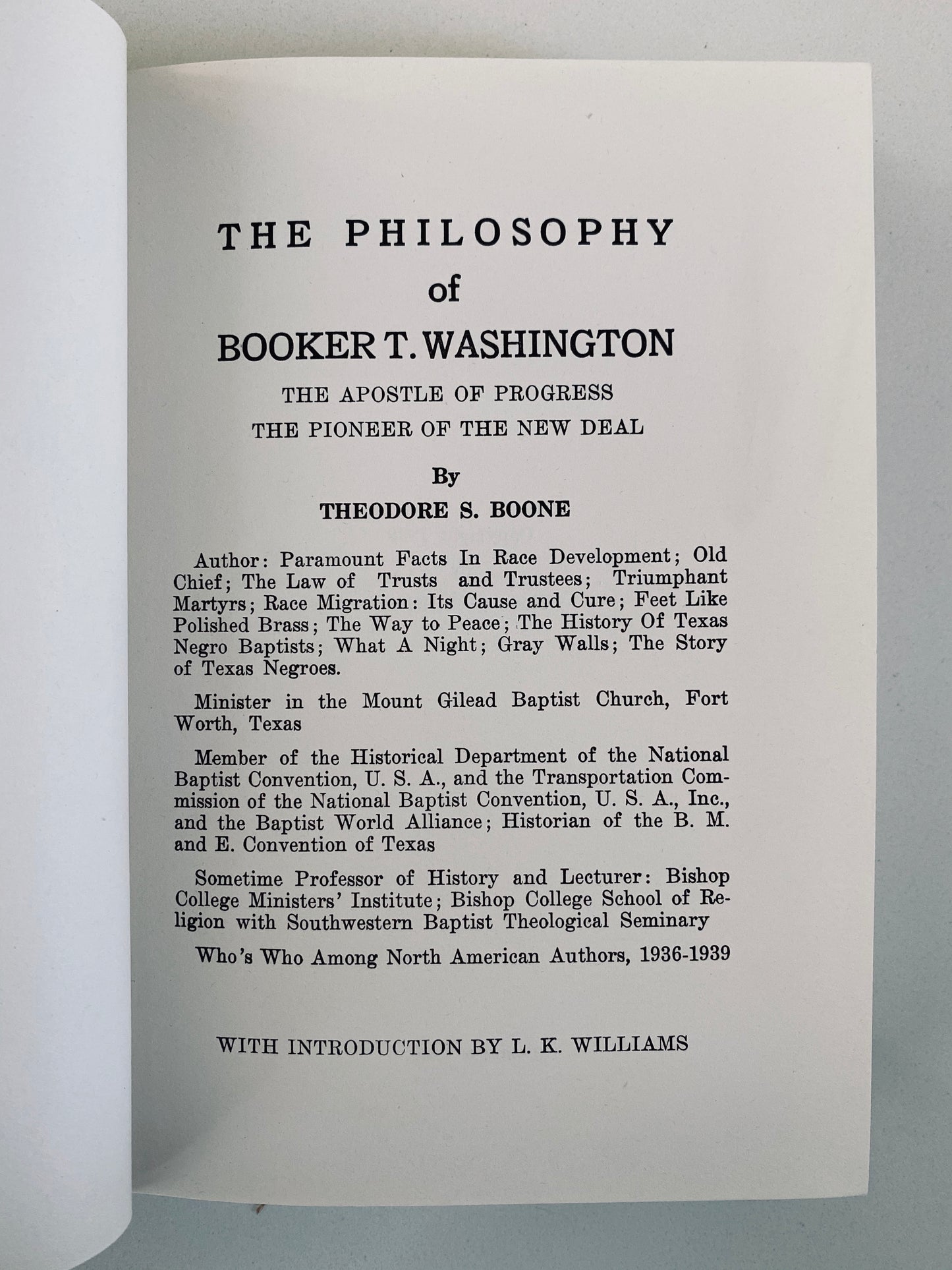 1939 THEODORE S. BOONE. The Philosophy of Booker T. Washington w/ Manuscript Inscription