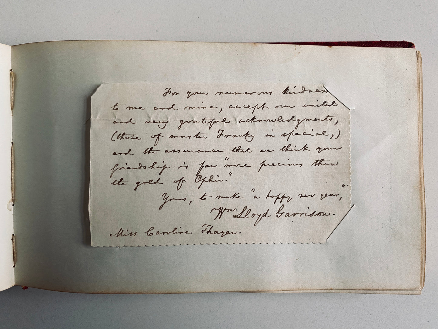 1854 AUTOGRAPH ALBUM. Harriet Beecher Stowe, William Lloyd Garrison, Stephen A. Douglas, &c