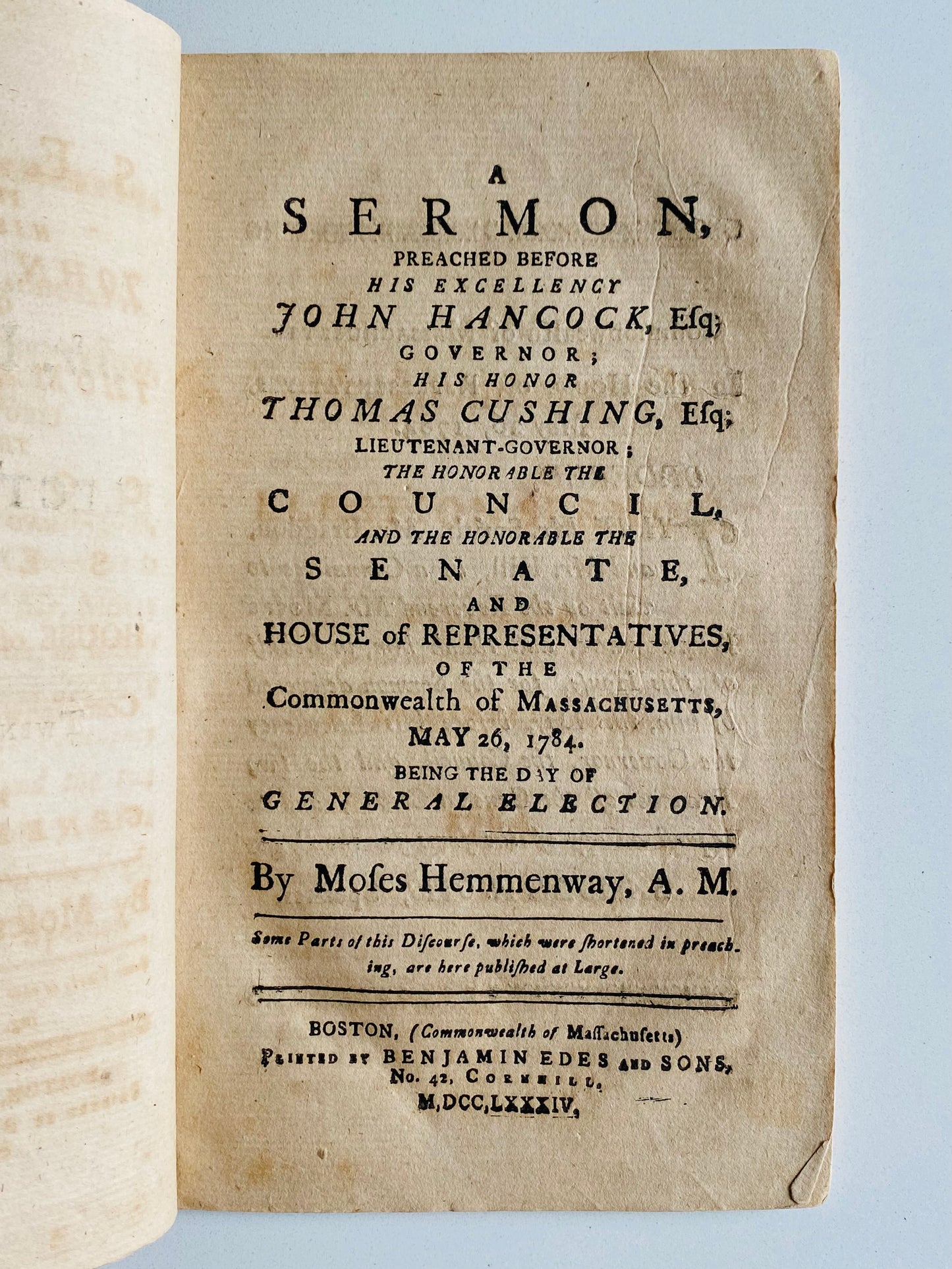 1784 MOSES HEMMENWAY. First Election Sermon Preached After American Revolutionary War - Celebrating Freedom & Liberty.