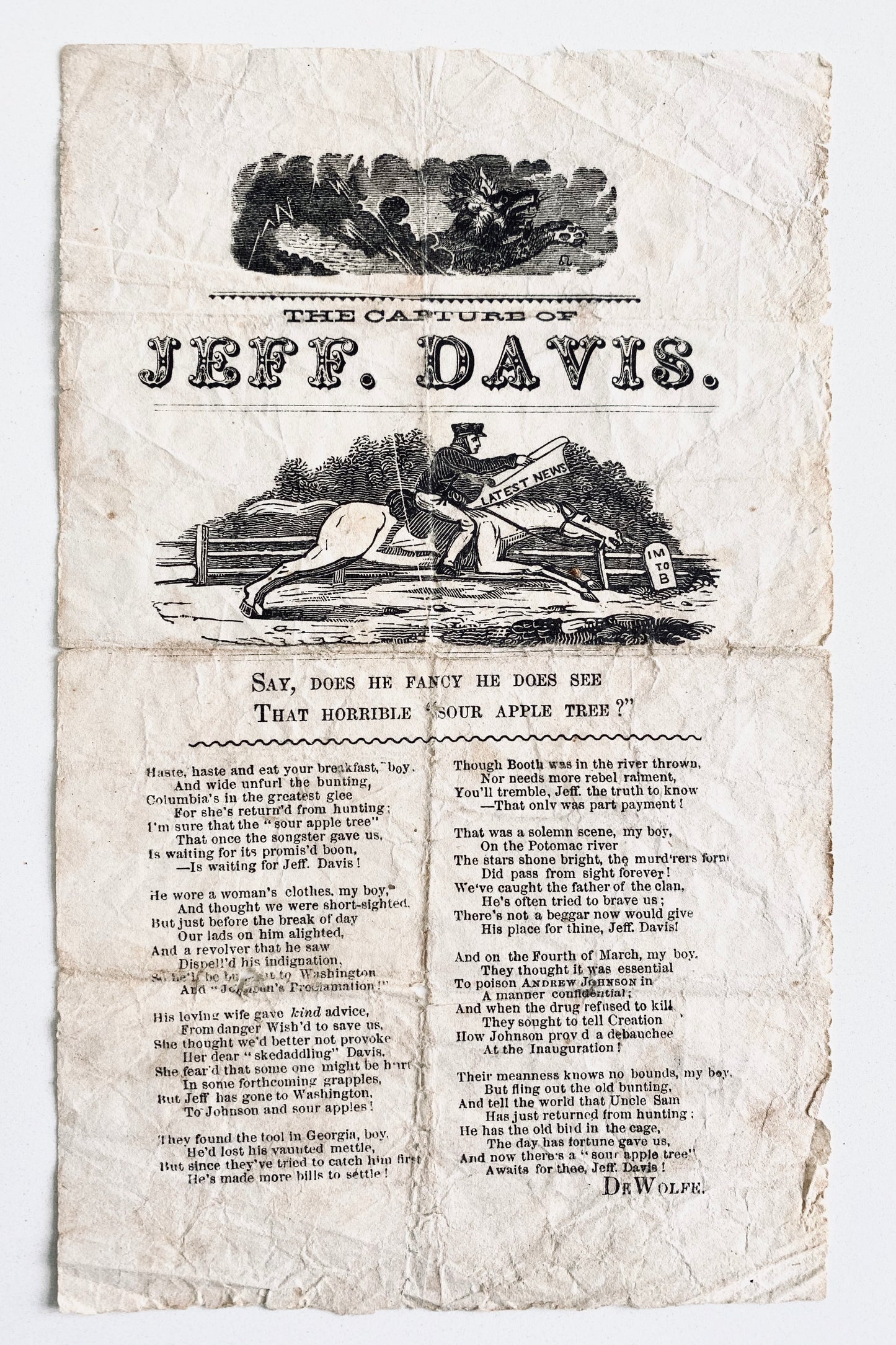 1865 JEFFERSON DAVIS | CIVIL WAR. Scarce Broadside & Satyrical Song on Capture and Hanging of Confederate President