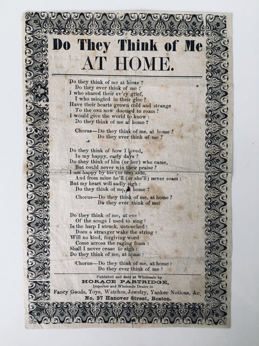 1862 CIVIL WAR. Broadside Lamenting the Loneliness of Union Soldiers During the War