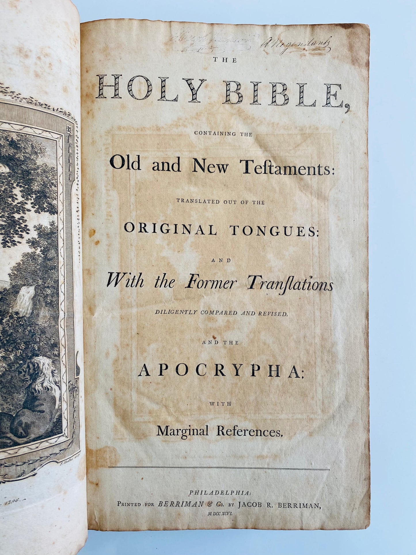 1796 AMERICAN BIBLE. Rare Jacob Berriman, First Folio Illustrated Bible Printed in the United States!