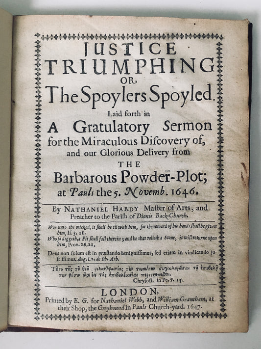 1647 NATHANIEL HARDY. Miraculous Delivery of Puritans from the Gunpowder Plot. RARE!