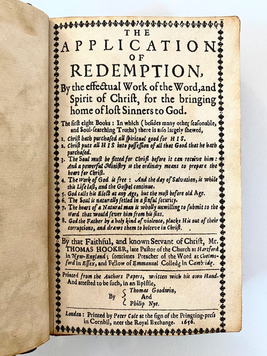 1656 THOMAS HOOKER. The Application of Redemption. Rare American Puritan with Wonderful Provenance.