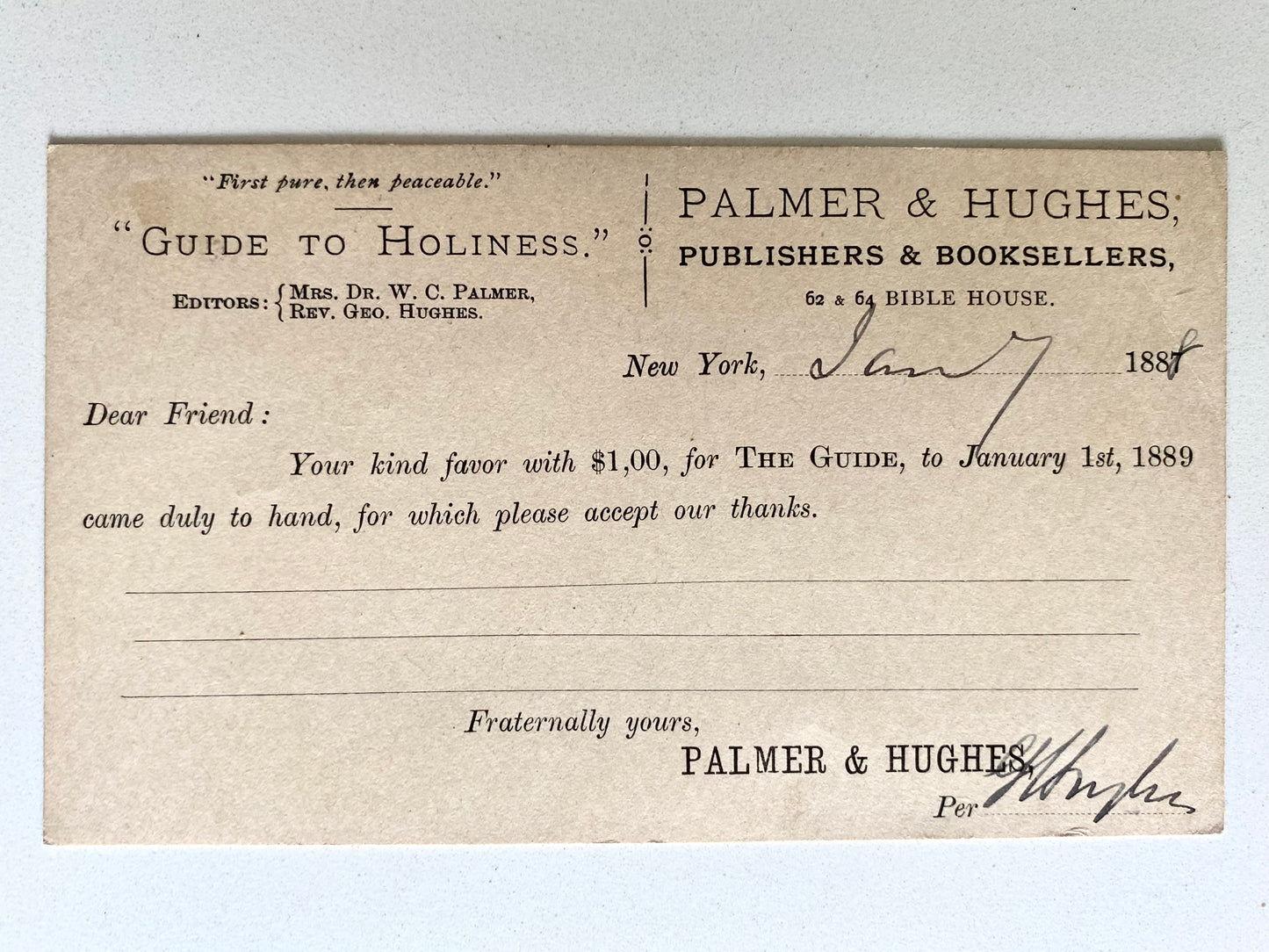 1888 PHOEBE PALMER. Guide to Holiness Subscription Signed by the Editor