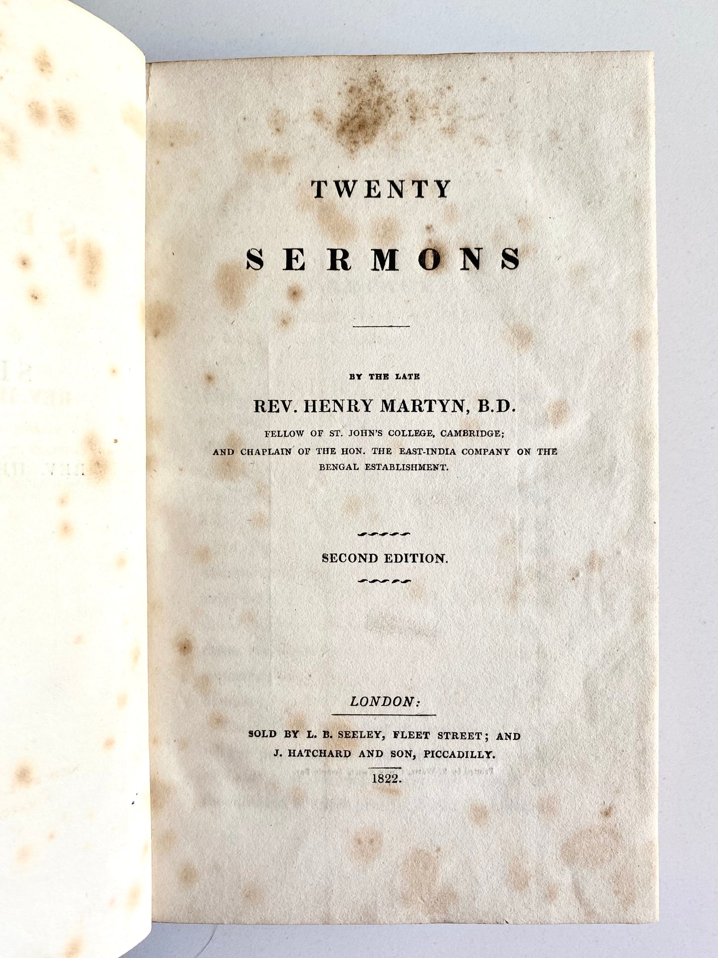 1822 HENRY MARTYN. Twenty Sermons Preached by Important Missionary to India & Middle East.