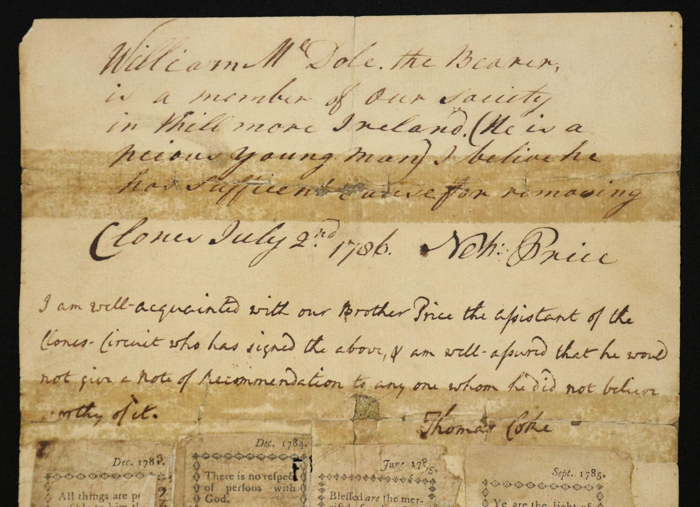 1786 THOMAS COKE. Wonderful Irish Methodist Letter of Circuit Transfer w/ Six Early Irish Methodist Class Tickets