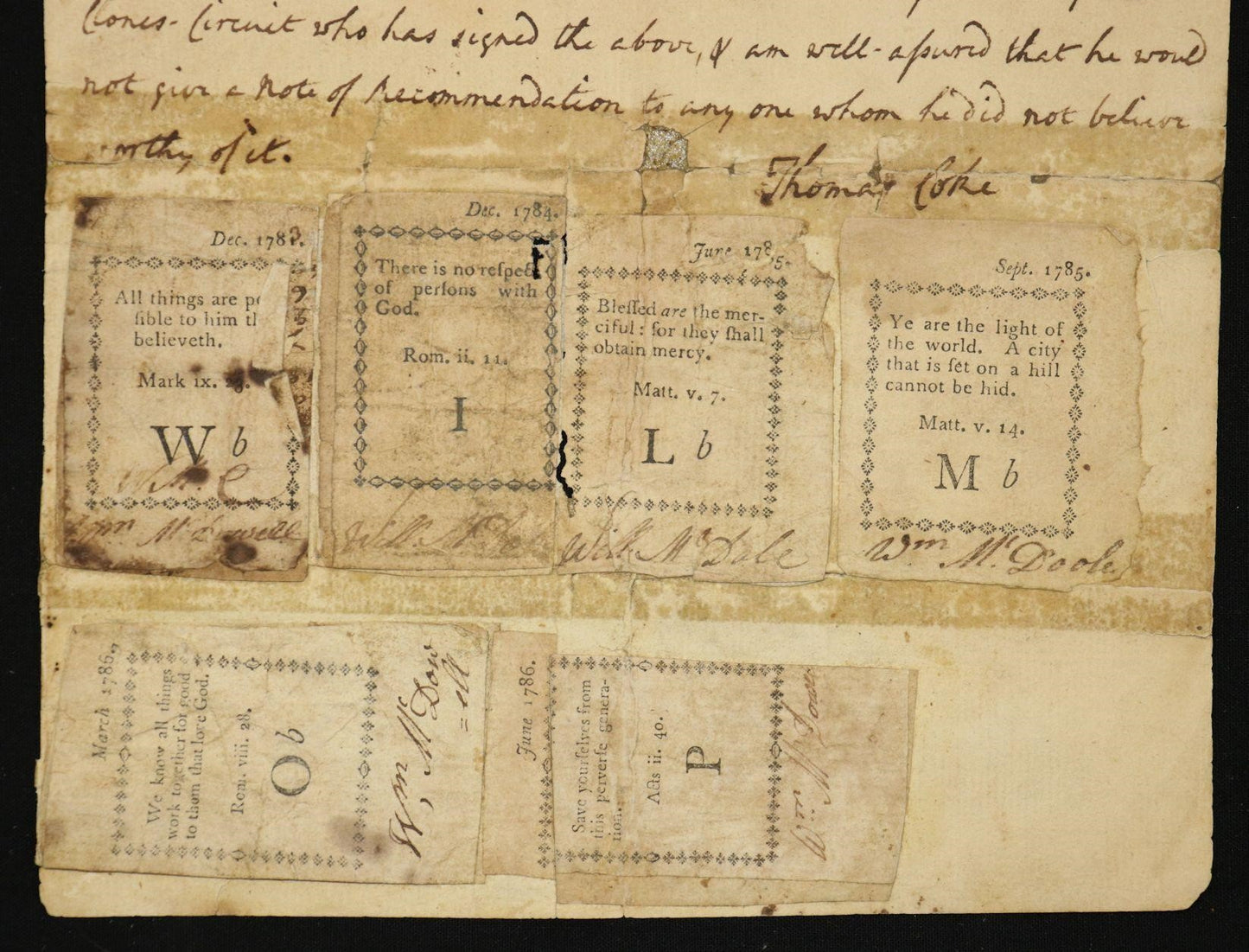 1786 THOMAS COKE. Wonderful Irish Methodist Letter of Circuit Transfer w/ Six Early Irish Methodist Class Tickets