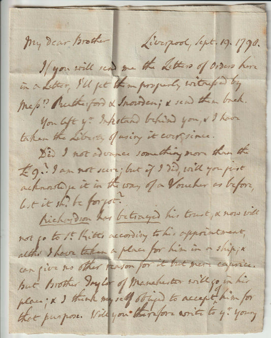 1790 THOMAS COKE. Important Methodist Letter from Very Beginning of Methodist Missions