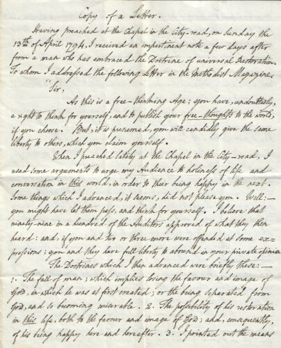 1794 JAMES CREIGHTON. John Wesley Friend & Editor of the Arminian Magazine Manuscript Refuting Universal Restoration