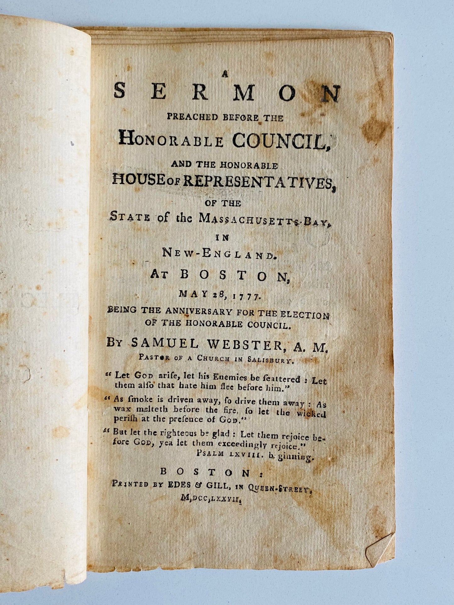 1777 SAMUEL WEBSTER. An American Revolutionary War Sermon Against Tyranny & Proposing Government Structures to Preserve Liberty