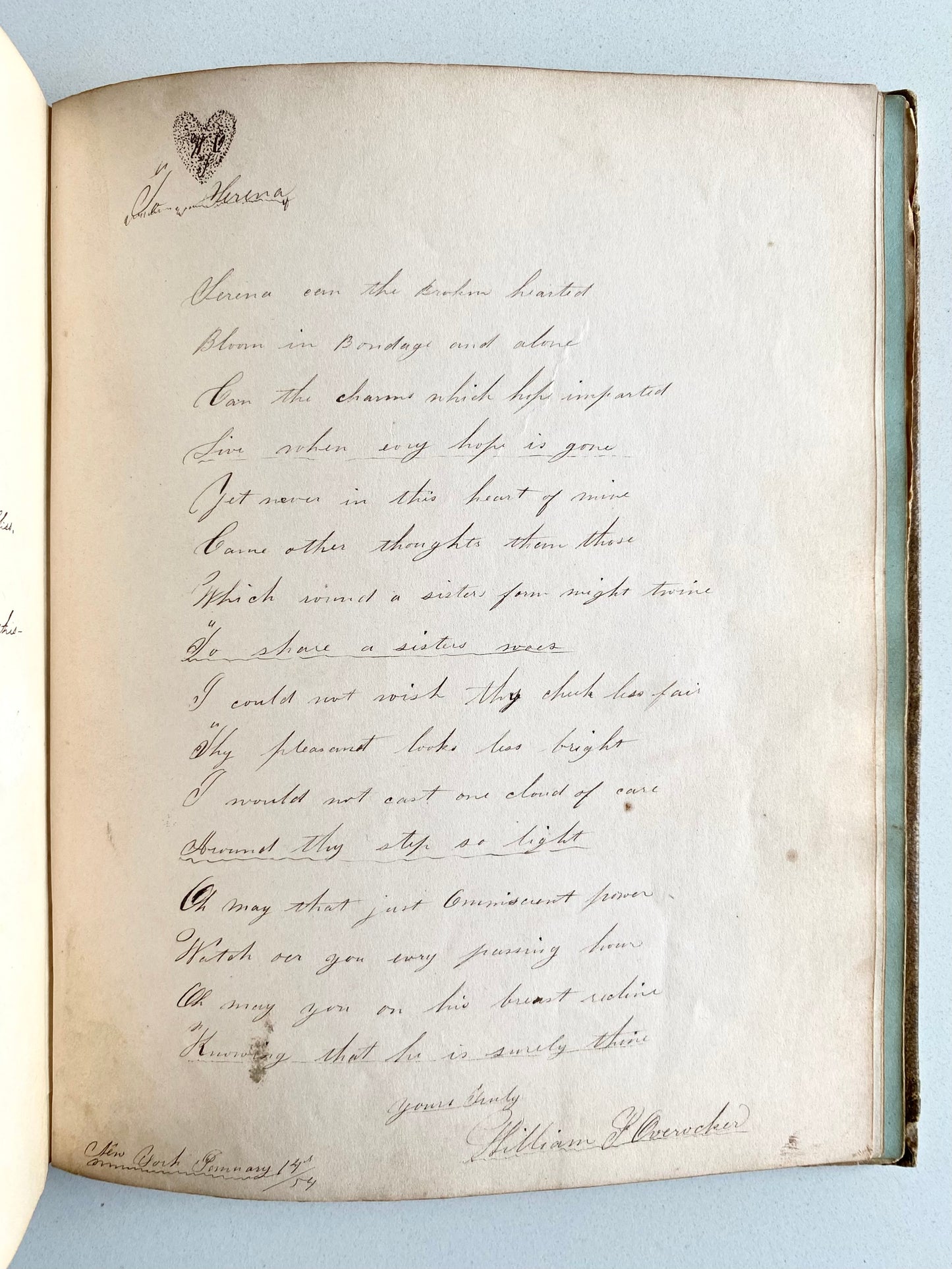 1850 BLOODGOOD CUTTER. Album with Unpublished Poems by Important Long Island "Farmer Poet."