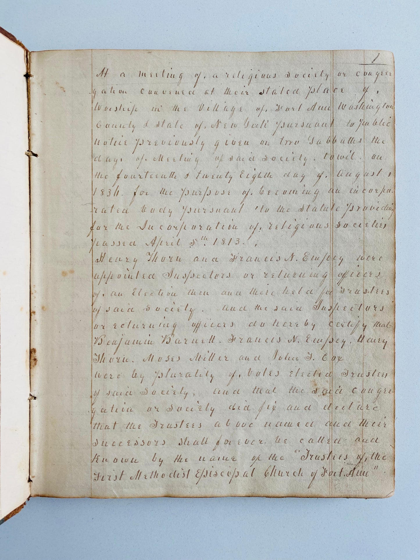 1813 METHODIST MANUSCRIPT. The History, Minutes, Slip Rents, &c of the Methodist Episcopal Church at Fort Ann, New York