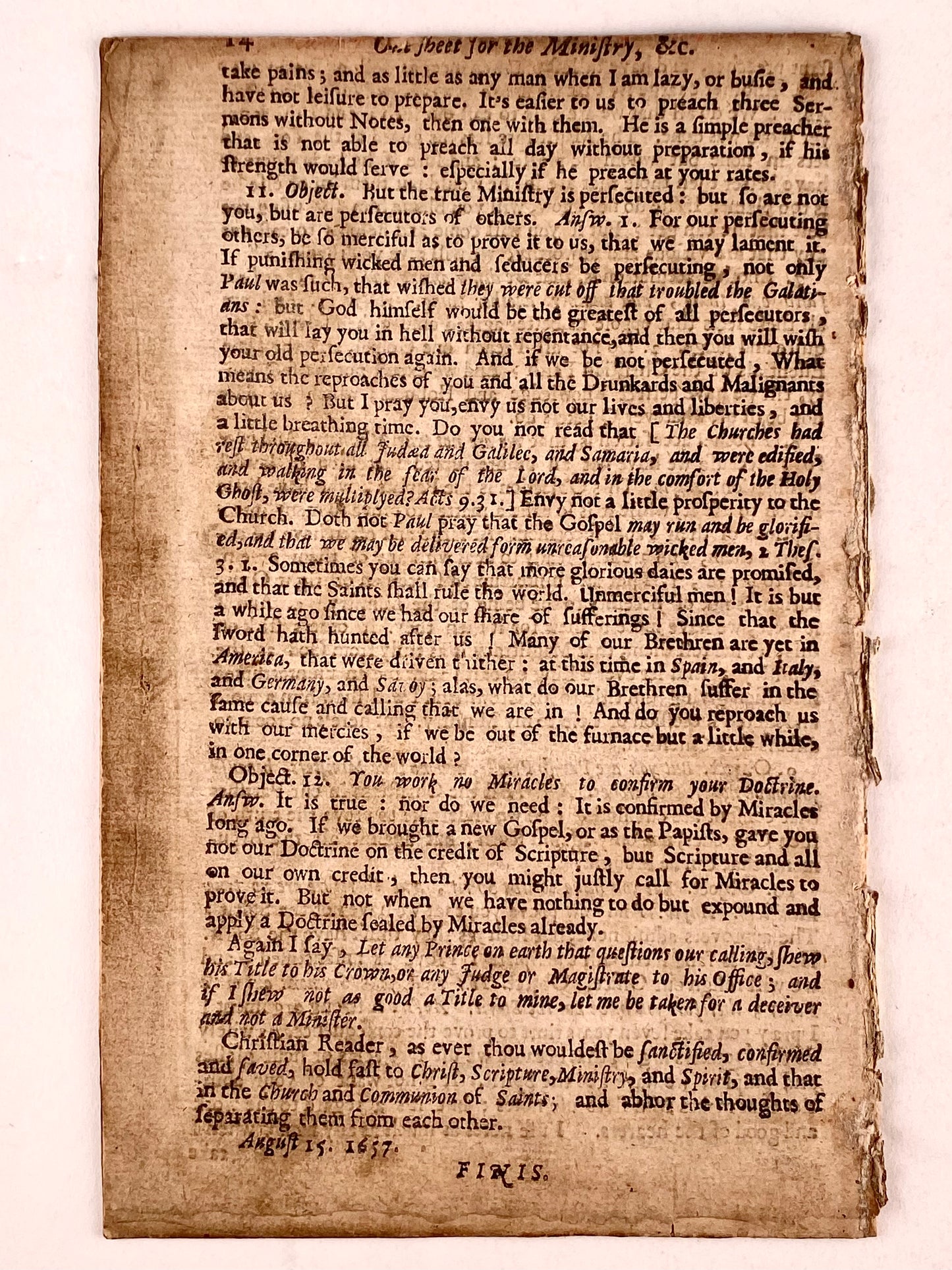 1657 RICHARD BAXTER. One Sheet for the Ministry, Against the Malignants of All Sorts. Rare Kederminster Published Tract.