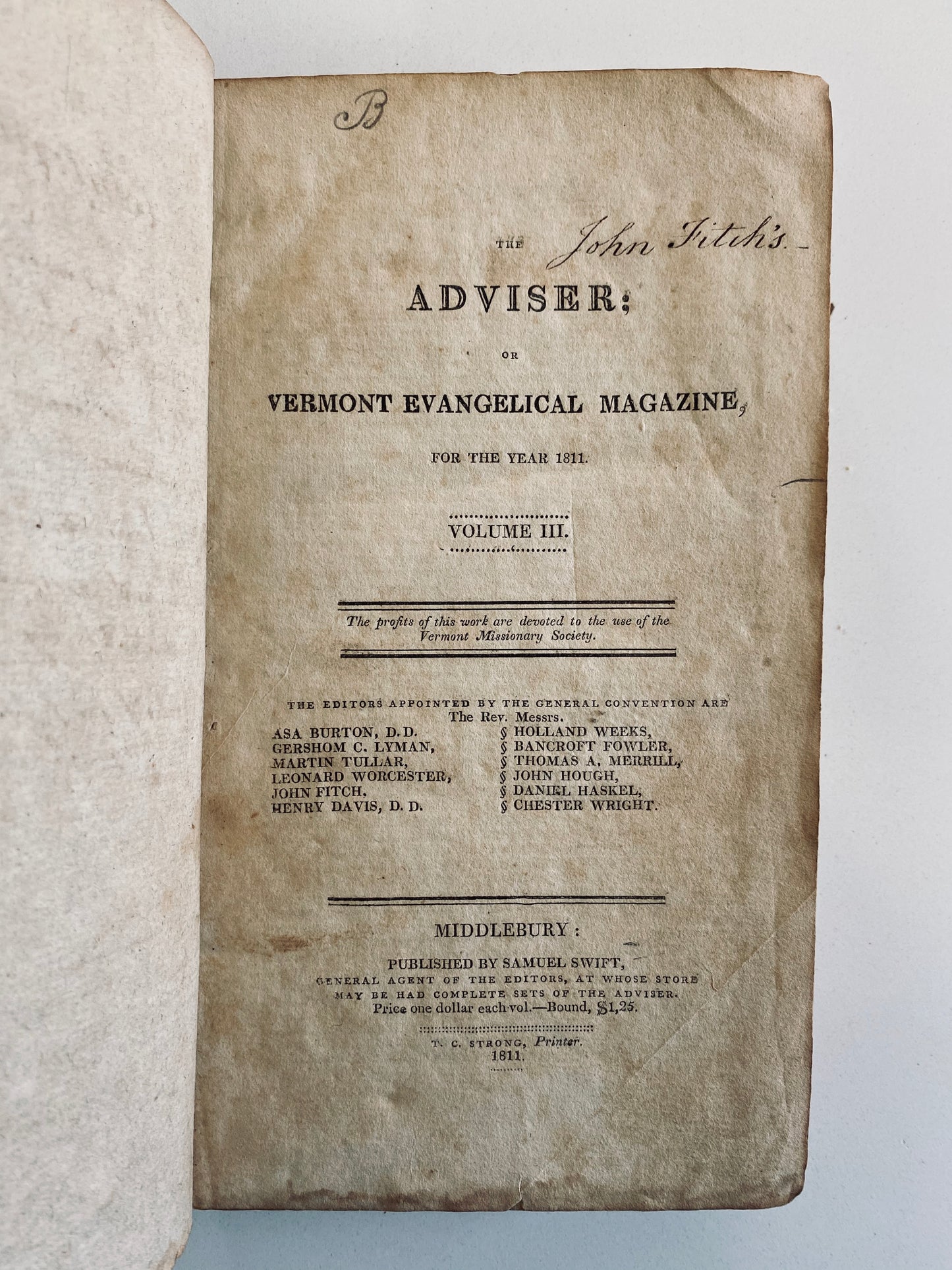 1811 VERMONT REVIVAL. Important Vermont Adviser Periodical w/ Superb Provenance + Extras!