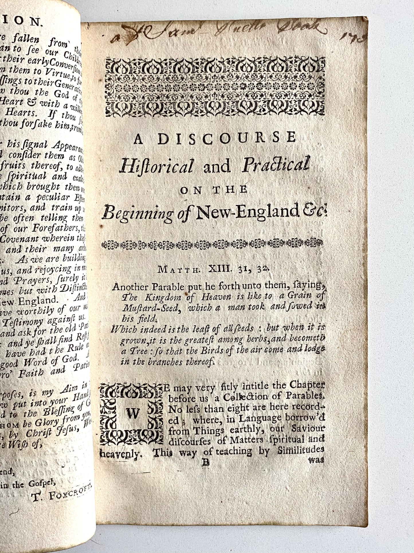 1730 THOMAS FOXCROFT. The Primitive Puritan Religion of New England Revived. Signed by Revivalist!