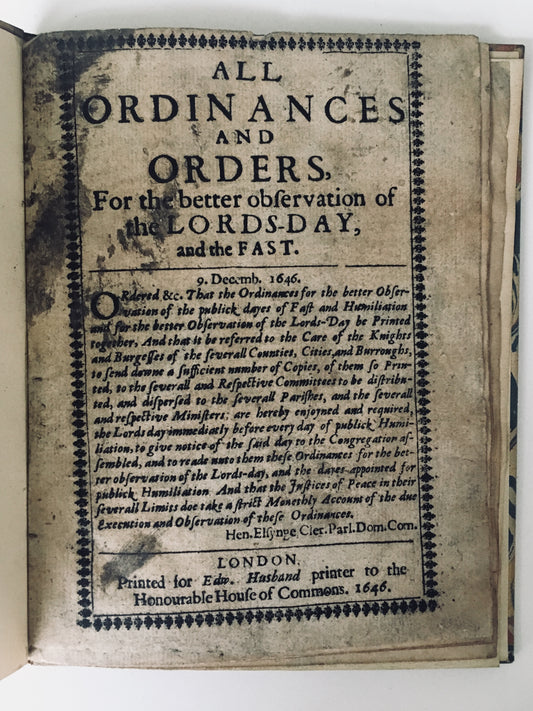 1646 PURITANISM & CIVIL WAR. Observations of the Lord's Day and Fast Days. Very Rare!