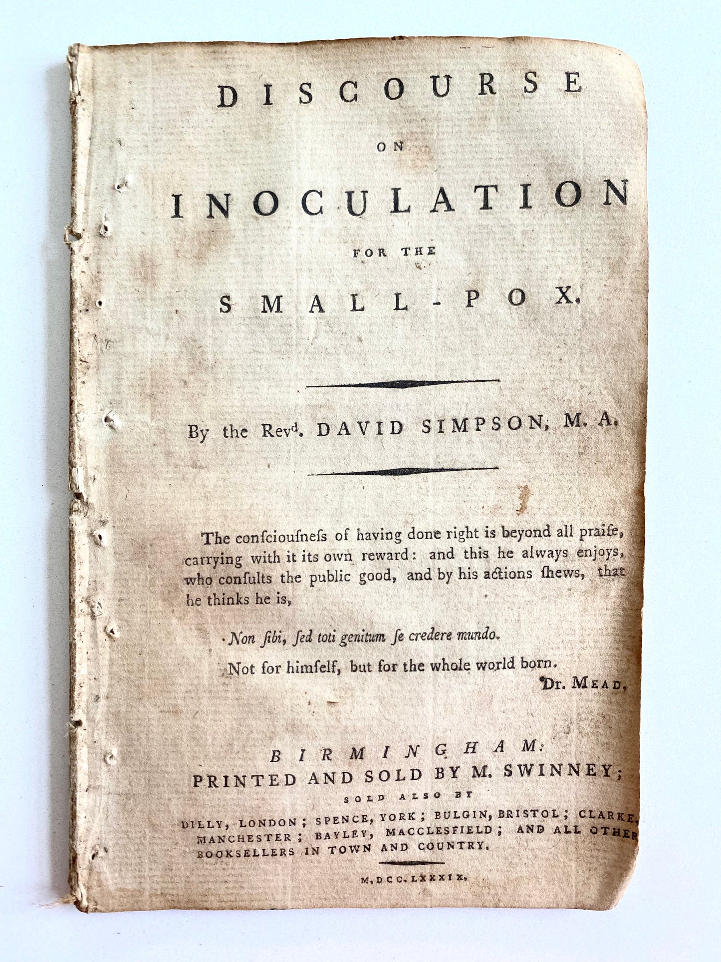 1789 DAVID SIMPSON. The Christian Duty of being Inoculated for Small-Pox. Very Rare!