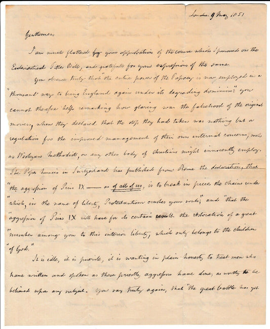 1851 HENRY DRUMMOND. Rare 2pp Letter from Apostle of Catholic Apostolic Church - Proto-Pentecostal Movement.