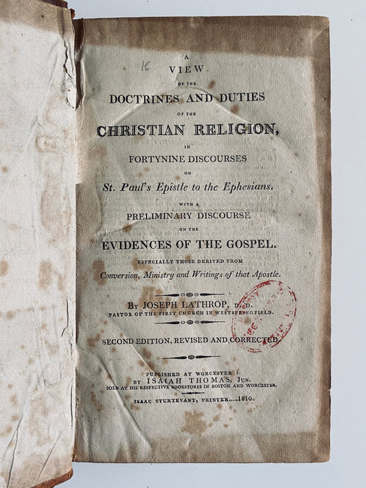 1810 JOSEPH LATHROP [1731-1820]. Forty-Nine Sermons on the Epistle to the Ephesians. RARE! Isaiah Thomas Printed!